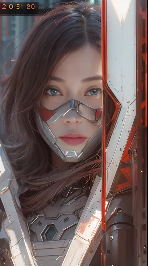 RAW, Masterpiece, Ultra Fine Photo,, Best Quality, Ultra High Resolution, Photorealistic, Sunlight, Full Body Portrait, Stunningly Beautiful,, Dynamic Poses, Delicate Face, Vibrant Eyes, (Side View) , she is wearing a futuristic Iron Man mech, red and gold...