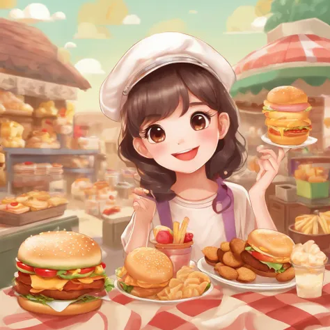 In the center of the face is an animated girl wearing a cute hair ornament,With an innocent smile on his face。She sat in the middle of a pile of snacks,The surroundings are covered with a variety of delicious snacks and desserts,Such as potato chips、Cupcak...