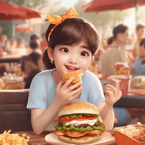 In the center of the face is an animated girl wearing a cute hair ornament,With an innocent smile on his face。She sat in the middle of a pile of snacks,The surroundings are covered with a variety of delicious snacks and desserts,Such as potato chips、Cupcak...