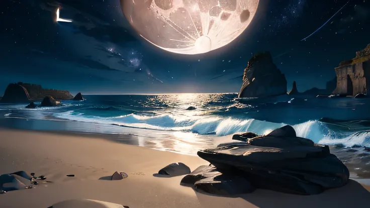 Night sky with crescent moon and beach with rocks, Digital art inspired by Johfra Bosschart, Tumblr, Space art, sandy white moon landscape, beautiful moonlight night, moonlit night dreamy atmosphere, Magnificent background, beautiful moon light, Magical be...