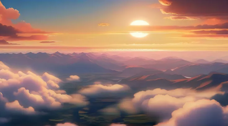 （8k）tmasterpiece，Shocking，birds eyes view，Sea of Clouds，sunraise（Light and shadow visual effects）A beautiful landscape