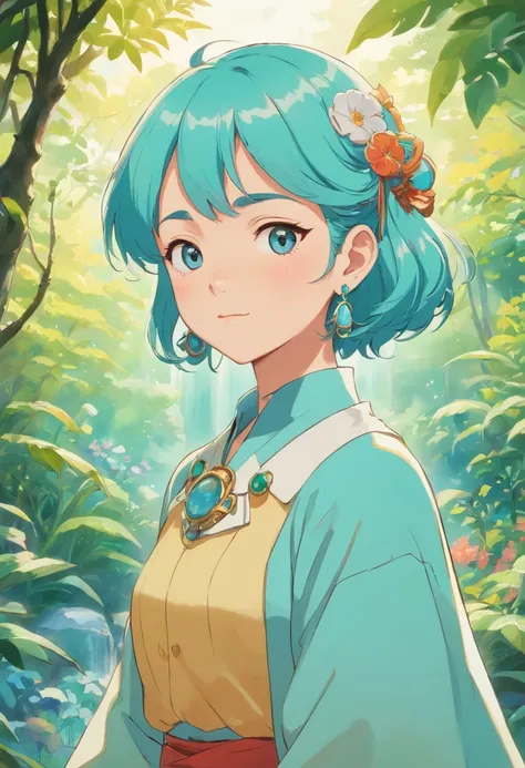 A girl wearing an anime collar, A long necklace and earrings, inthe style of tranquil gardenscapes, colorful animation stills, Masami Teraoka, aquamarine, Paul Gauguin, Amber style, Honest portrayal