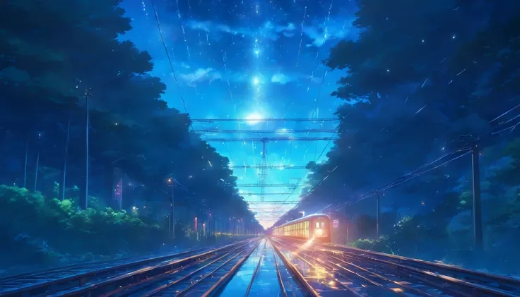 High quality masterpiece ，scenecy，Anime train passing through bodies of water on tracks， Glittering starry sky。Romantic train，Pisif，concept-art，Lofi art style，Reflectors。 By Makoto Shinkai, Lofi art, beautiful anime scenes, Anime landscapes, Detailed scene...