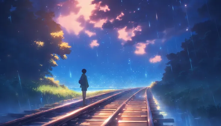 High quality masterpiece ，scenecy，Anime train passing through bodies of water on tracks， Glittering starry sky。Romantic train，Pisif，concept-art，Lofi art style，Reflectors。 By Makoto Shinkai, Lofi art, beautiful anime scenes, Anime landscapes, Detailed scene...