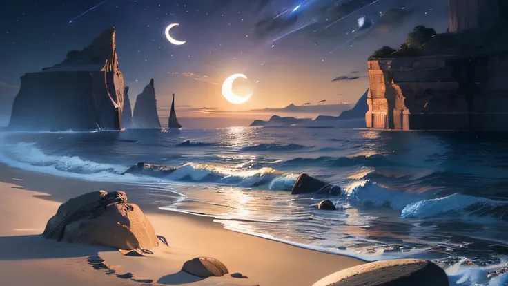 Night sky with crescent moon and beach with rocks, Digital art inspired by Johfra Bosschart, Tumblr, Space art, sandy white moon landscape, beautiful moonlight night, moonlit night dreamy atmosphere, Magnificent background, beautiful moon light, Magical be...