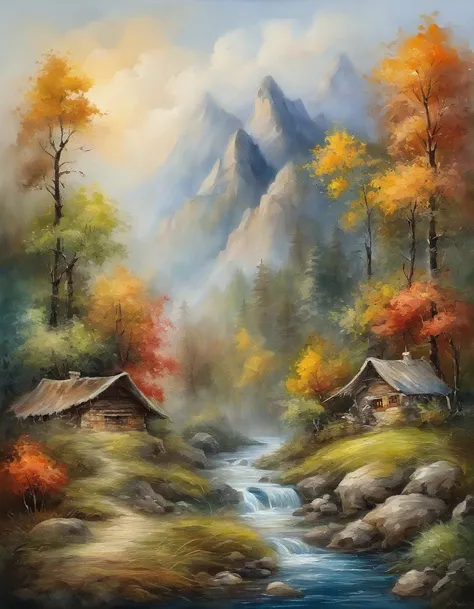 Bizarre steep peaks，springtime，The greenery is full of life，There is a stream at the foot of the mountain，There are reflections in the stream,country cabin,Cooking smoke rises，Pine trees have a peculiar shape，Sway with the wind,Color palette style，iso-dist...