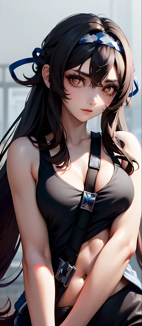 ((Best quality, 8K, Masterpiece: 1.3)), full bodyesbian, Focus Clear: 1.2, Outstanding style: 1.4, Slender abs: 1.2, ((Black hair, : 1.2)), Black tank top, Highly detailed face and skin texture, Detailed eyes, Double eyelids，Large breasts，cleavage，full bod...