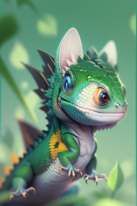 Cute lizard，petty eyes，hor ears, Stretch the neck，Slightly thin，green color, adorable expression, Oblique sideways，Charming smile, Pet cartoons，Super high detail, Blue dark background, delicated,vellus hair， super high precision, Perfect lighting, OC rende...