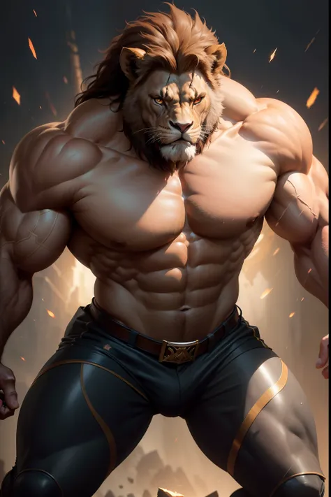 Powerful,Minotaur,Strong muscular male,Illustration style,Stunning details,Best quality,Ultra-detailed,Realistic,Masterpiece:1.2,Sharp focus,Physically-based rendering,professional,Vivid colors,Studio lighting,Huge bulls head,Lion-like mane,ripped body,Imp...