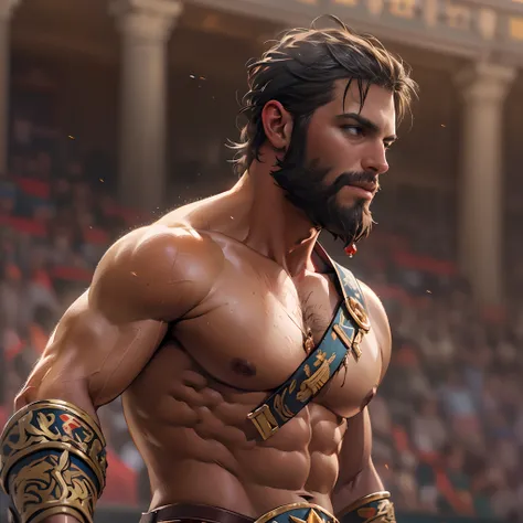 Muscular Gladiator, upper body revealed, Legs uncovered from thighs to feet, adorned with a beaded beard, longues boucles fluides, Complex muscle details, Photorealistic artwork, 4k resolution. background: Ancient Roman arena,32k UHD, Best quality, Masterp...