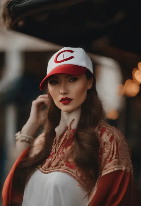 Women wear baseball caps，The hat has the letter C on it，The letters are embroidered material，Realisticstyle，Highlight the hat，frontage，Oriental women