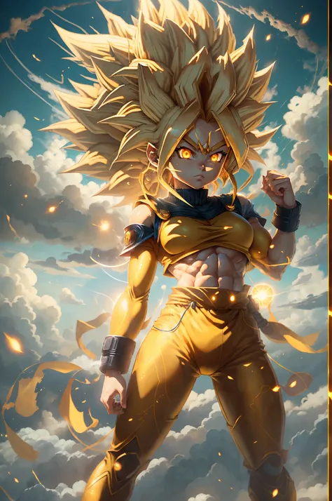 ((Masterpiece)), ((best quality)), ((super detailed)), (highly detailed CG illustration), stunning black and gold background, sky white cloud background, a cosplay super Saiyan Sun Goku girl standing on a yellow cloud, the cloud is too fast to pull out a l...