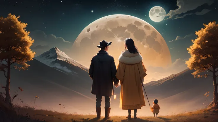 Ancient style country comic Mid-Autumn Ancient Style family admires the moon with their backs facing the moon