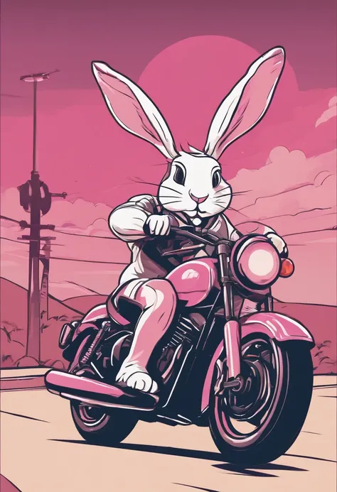 cartoon rabbit riding a motorcycle with a pink background, bunnypunk, electrixbunny, fabulous illustrations, illustration pokemon, inspired by Tom Whalen, in style of digital illustration, jen bartel, highly detailed vector art, anthropomorphic rabbit, 🚿🗝📝...