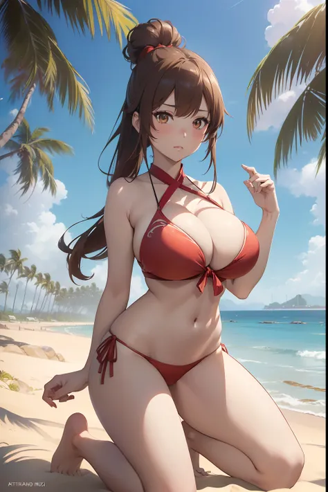 ((masterpiece, best quality, photorealistic, cinematic), ((voluptuous anime girl)), perfect anatomy, expressive eyes, perfect face, perfect hands, ((large cleavage)), long round legs, round ass, (((anime girl kneeling in red Bandeau Bikini))), ((natural br...