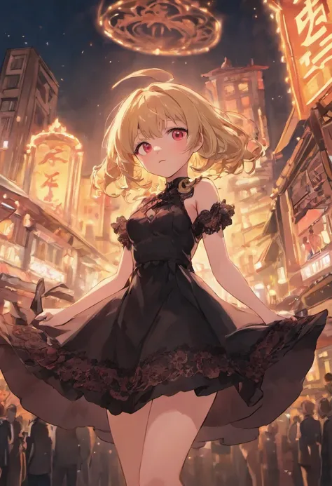 blond hairbl，Red eyes，Breast cup C，Black lace dress，Seaside cruise lights at night