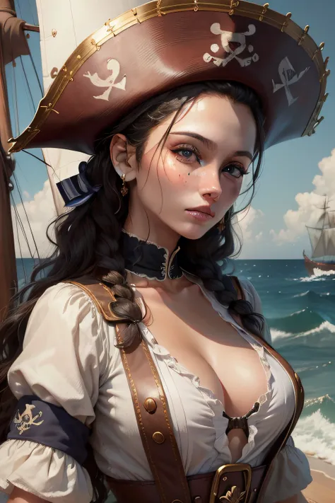 Portrait of a sailor woman in the pirate era、​masterpiece, top-quality, hightquality, hight resolution、beautiful expression、(Lifelike face)、realisticeyes、beatiful detailed eyes、real looking skin、Beautiful skins、A hyper-realistic、ighly detailed、Body Portrai...