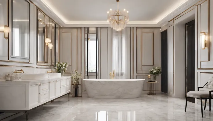 The bathroom comes with a large shower。 exquisite marble details, white marble walls, Marble room, premium bathroom design, wooden floor, white marble interior photograph, high quality 3 d render, , smooth marble surfaces, neo - classical style, wooden flo...