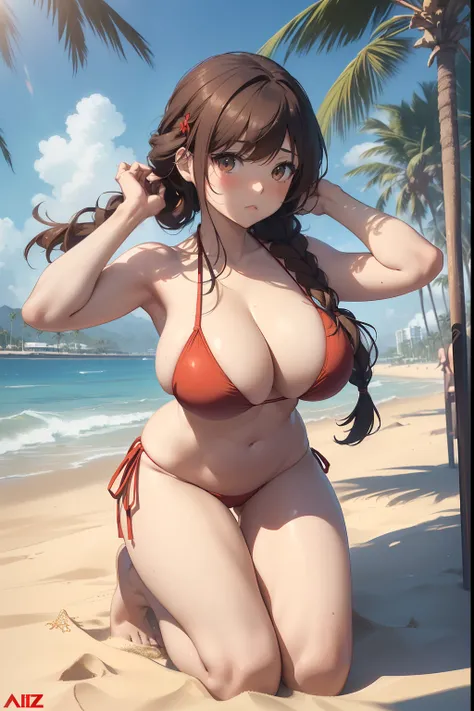 ((masterpiece, best quality, photorealistic, cinematic), ((voluptuous anime girl)), perfect anatomy, expressive eyes, perfect face, perfect hands, ((large cleavage)), long round legs, round ass, (((anime girl kneeling in red Brazilian Bikini))), ((natural ...