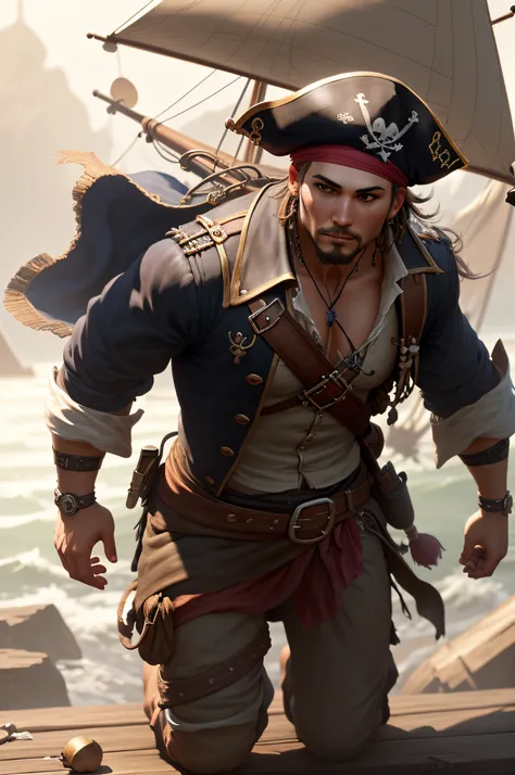 a pirate, , a picture,Soft lighting, Soft Detail, octane, Art Station Trend, ultra high detail, A hyper-realistic, cinematic,16k、((full-body view))、Poses in motion、