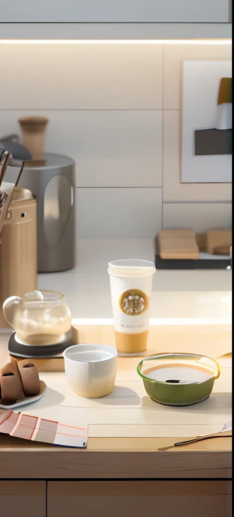 There is a table，There was a bowl of soup and a cup of coffee inside, japanese collection product, product introduction photos, Starbucks, product introduction photos, celebration of coffee products, summer morning, professional product photo, starbucks ap...