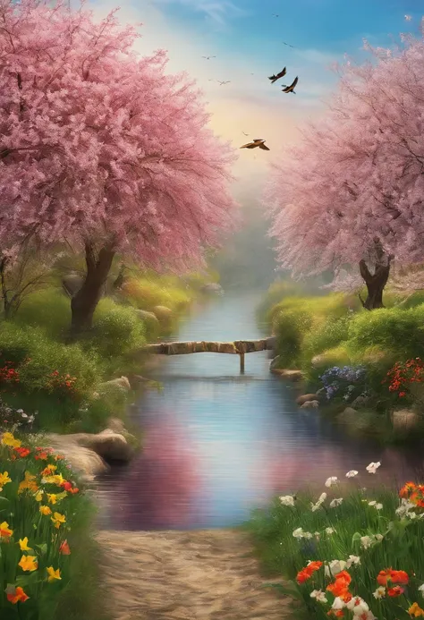 Spring，Warm and gentle spring，full of life，Commercial posters，There are two little swallows flying in the sky，A view of nature，There are willow trees on both sides，plethora of colors