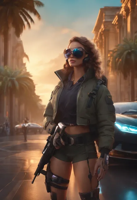 ((high quality)), ((masterpiece)), 8k, 2girls, cars, light rays, extremely detailed CG unity 8k wallpaper, cg game, looking at viewer, gloves, boots, full body, watch , computer, mask, drone, holding gun, headphones, jacket, bag, backpack, cameltoe, neon