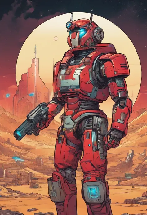 cyberpunk robot, Android vermelho e branco, (astronauta outfit, capacete com viseira escura) estilo homem de ferro, HD, cores quentes, estilo comics, deserto como background