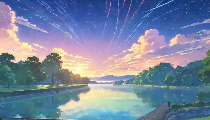 High quality masterpiece ，scenecy，Anime teenager crossing a patch of water on campus， Glittering starry sky。Romantic campus，Pisif，concept-art，Lofi art style，Reflectors。 By Makoto Shinkai, Lofi art, beautiful anime scenes, Anime landscapes, Detailed scenery...