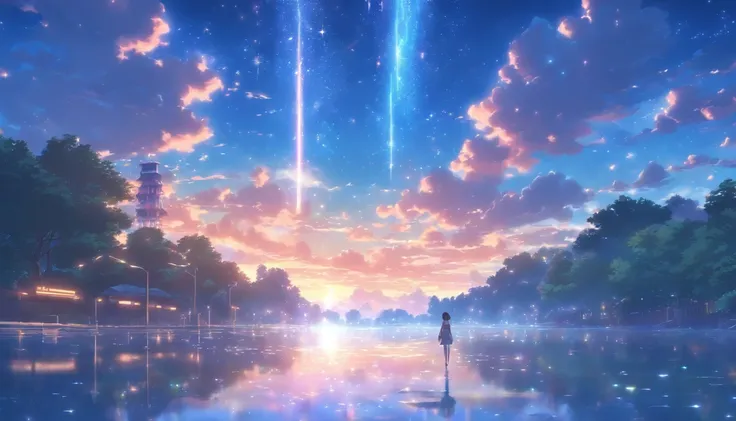 High quality masterpiece ，scenecy，Anime teenager crossing a patch of water on campus， Glittering starry sky。Romantic campus，Pisif，concept-art，Lofi art style，Reflectors。 By Makoto Shinkai, Lofi art, beautiful anime scenes, Anime landscapes, Detailed scenery...