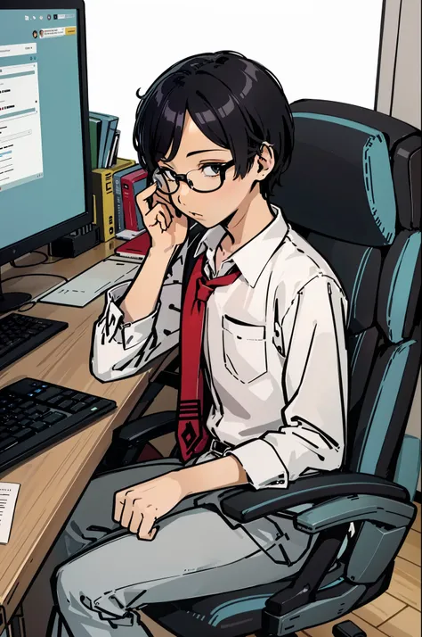 illustration，American，planar，schoolboy，office room，Face the computer，wears glasses