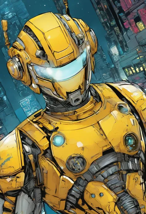 cyberpunk robot, Android amarelo e branco, (astronauta outfit, capacete com viseira escura) estilo homem de ferro, HD, cores quentes, estilo comics, nova York city como background