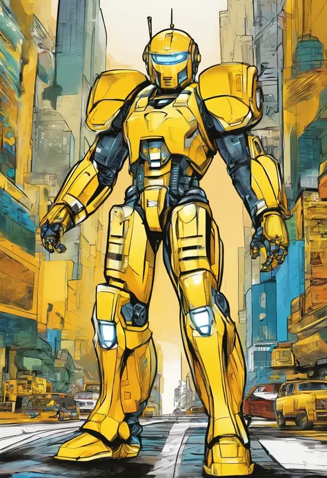 robot, Android amarelo e branco, (astronauta outfit, capacete com viseira escura) estilo homem de ferro, HD, cores quentes, estilo comics, nova York city como background