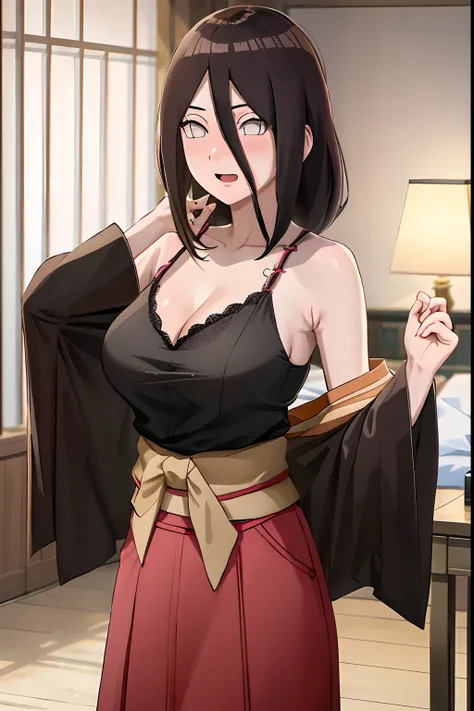 tmasterpiece，hoang lap，（Complicated details），（rich colourful），电影灯光，Bust shooting，the Extremely Detailed CG Unity 8K Wallpapers，hyouga hanabi，1girl，boobgasm，独奏，cleavage，Orange cheongsam，Hakama skirt，exposed bare shoulders，Bigboobs，Bedrooms，Open mouth，croppe...