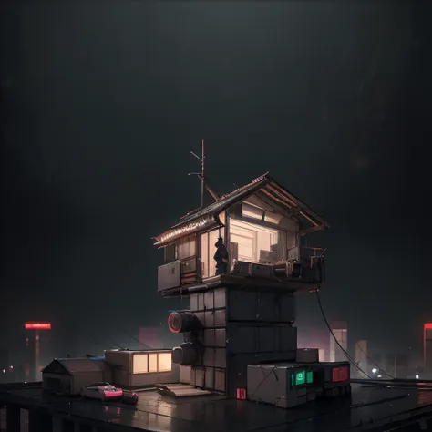 A cyberpunk favela home with an antenna on the roof during a chaotic night, urban communication, connectivity, cyberpunk chaos, favela setup, macro lens, neon-lit night, 100mm focal distance, cyberpunk favela technology