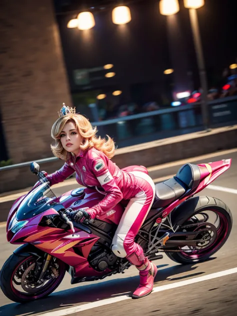 sport motocycle, princess peach, Mario kart, pink suit, blonde long hair, race streets, crown, detailed textures, dynamic action, vibrant colors, energetic lighting, realistic portrayal, eye-catching composition, thrilling atmosphere, high-definition, high...