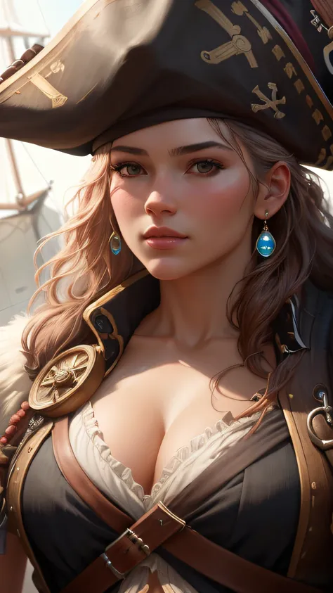 a pirate, , a picture,Soft lighting, Soft Detail, octane, Art Station Trend, ultra high detail, A hyper-realistic, Cinematic,16 K, ​masterpiece, top-quality, hightquality, hight resolution、(((Body Portrait)))、