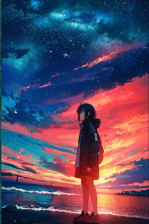 At night, Teenager standing by the sea，Looking up at the starry sky，Full body photo，delicated，nood