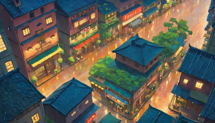 cozy rainy city from the top down where a protagonist is from