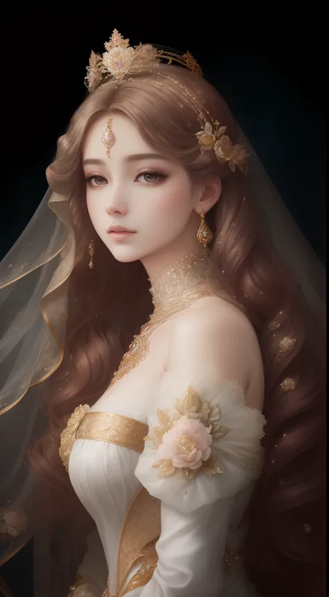 tmasterpiece，Highest high resolution，Soft lighting，Beautiful aristocratic maiden，Delicate coiled hair，curlies，Shining clear eyes，The hair is covered with beautiful and delicate floral jewelry craftsmanship, crystal、diamond jewelly，Ultra-detailed details，up...