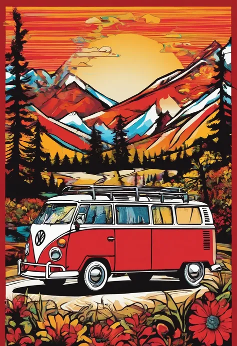 Vector T-shirt art ready to print Colorful graffiti illustration of a red Volkswagen Kombi, swiss alps, Tall trees, 夏天, night time, camp fire, Volkswagen kombi