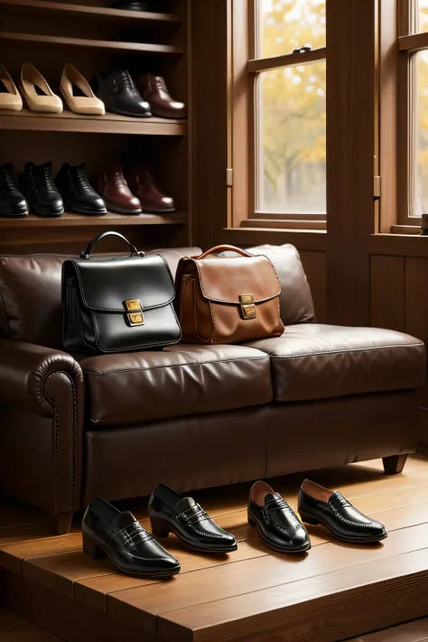 Leather bags, leather shoes, still life display