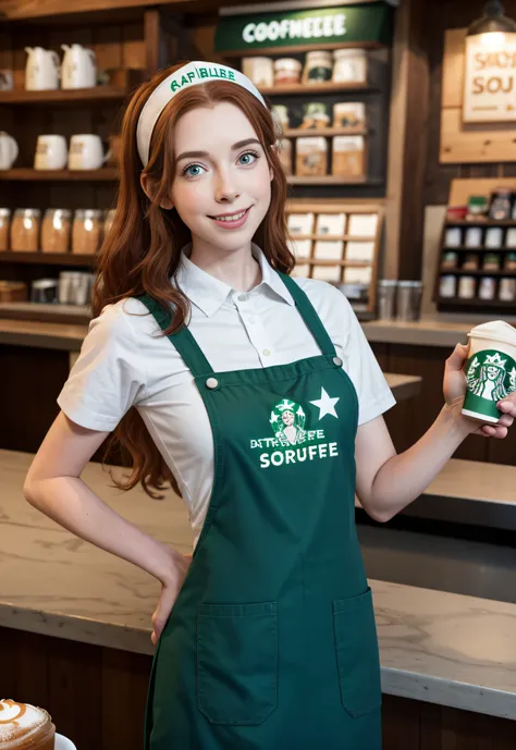 Alafeld girl in Starbucks uniform holding a cup of coffee, starbucks aprons and visors, mysterious coffee shop girl, ( Waitress ) Girl, wearing rr diner uniform, Coveralls, sakimichan, Starbucks, 🤤 girl portrait, young beautiful amouranth, soda themed girl...