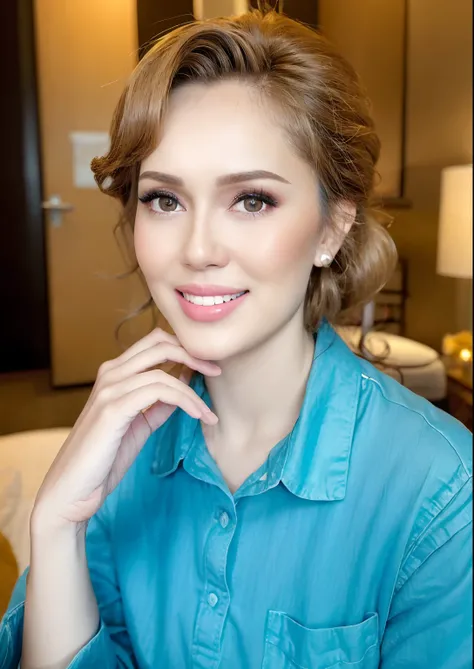 a young woman posing for a photo, curls_hairstyle:0.6, (platinum blonde hair), (blue shirt short sleeves), (smiling:1.3), good hand,4k, high-res, masterpiece, best quality, head:1.3,((Hasselblad photography)), finely detailed skin, sharp focus, (cinematic ...