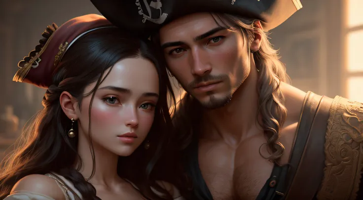 Depiction of a man and a woman、a pirate, , a picture,Soft lighting, Soft Detail, octane, Art Station Trend, ultra high detail, A hyper-realistic, Cinematic,16 K, ​masterpiece, top-quality, hightquality, hight resolution、(((Body Portrait)))、