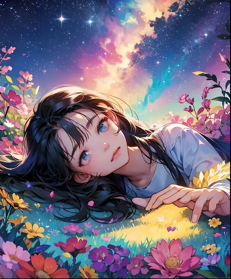 Describe a scene where a cute girl character is lying on a grassy hill, Looking up at the starry sky. Surround her with colorful nebulae and her favorite constellations.