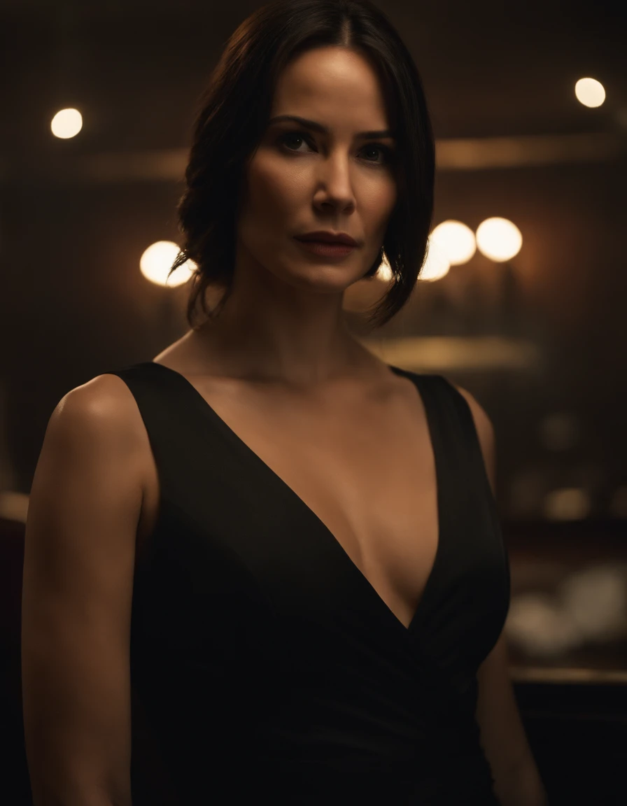 John wick as a woman, black suit, breasts, looking at viewer, 1girl, 19-year-old