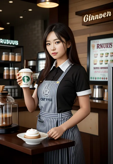 there is a woman that is standing in front of a counter，With a cup of coffee in his hand, mysterious coffee shop girl, Realistic art style, by Yang J, Surrealism female students, wearing rr diner uniform, Thanos as a Starbucks barista, realistic art style,...