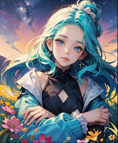 Describe a scene where a cute girl character is lying on a grassy hill, Looking up at the starry sky. Surround her with colorful nebulae and her favorite constellations.