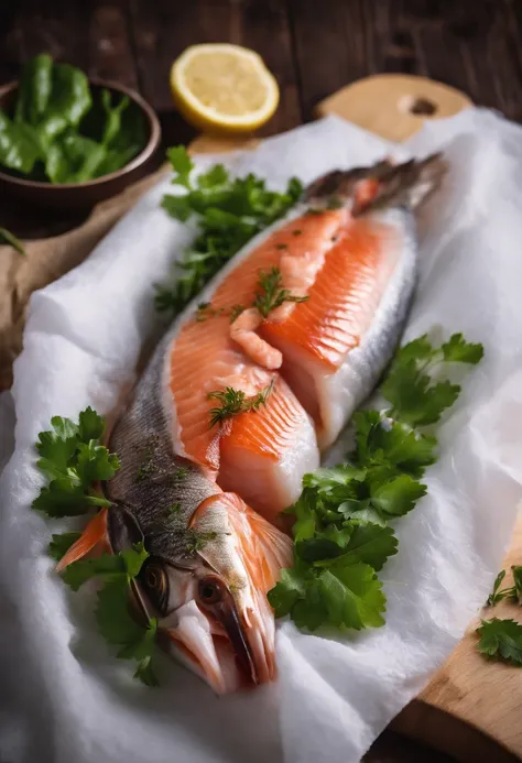 Raw fish wrapped in a kitchen board with white paper towels，True 4K HD 1；1 Horizontal version